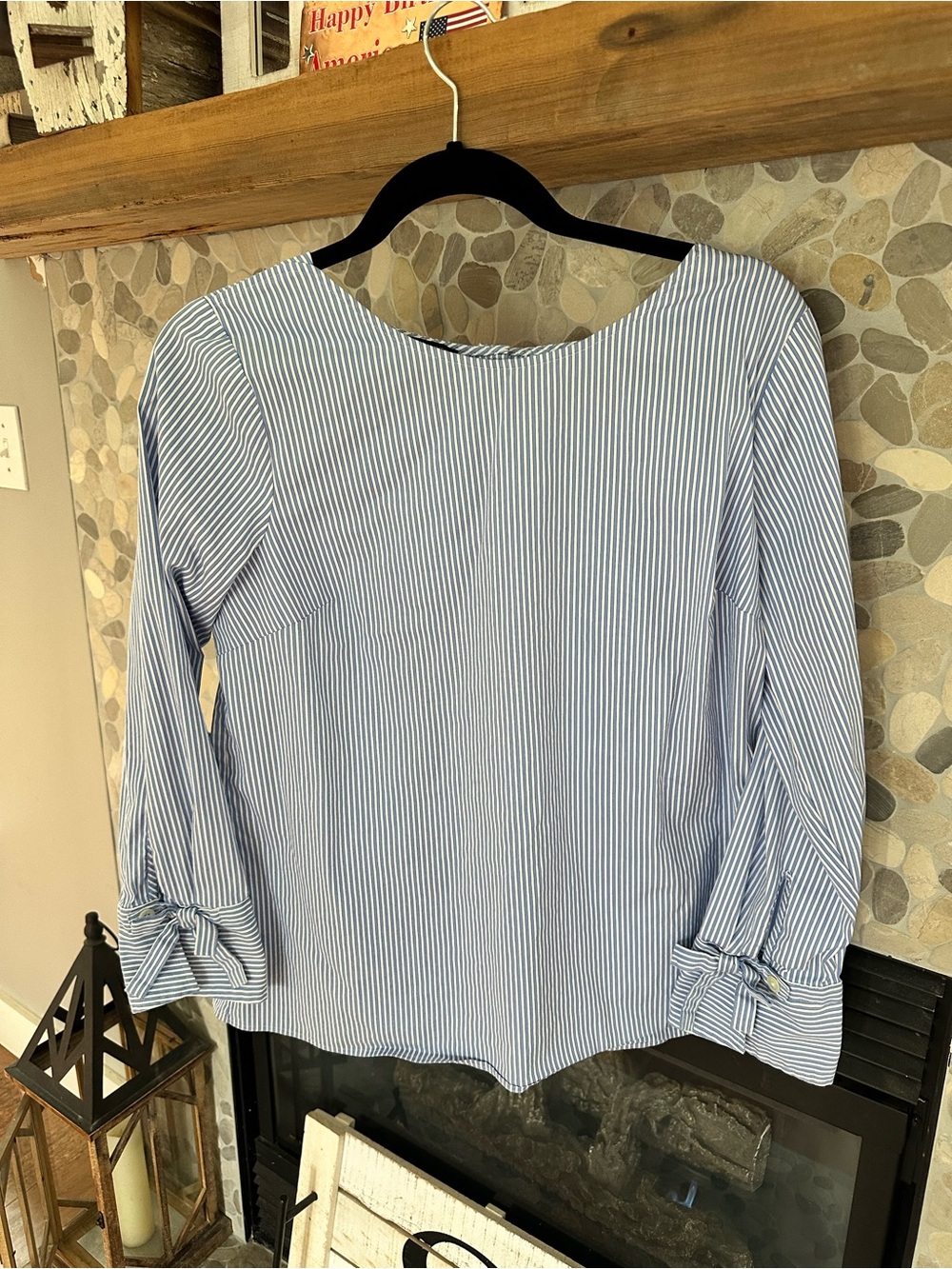 Talbots Blue and White Striped Tie-Cuff Blouse